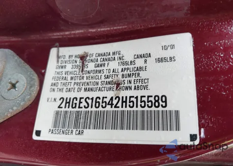 2002 Honda Civic Lx z USA, uszkodzony, nr VIN 2HGES16542H515589